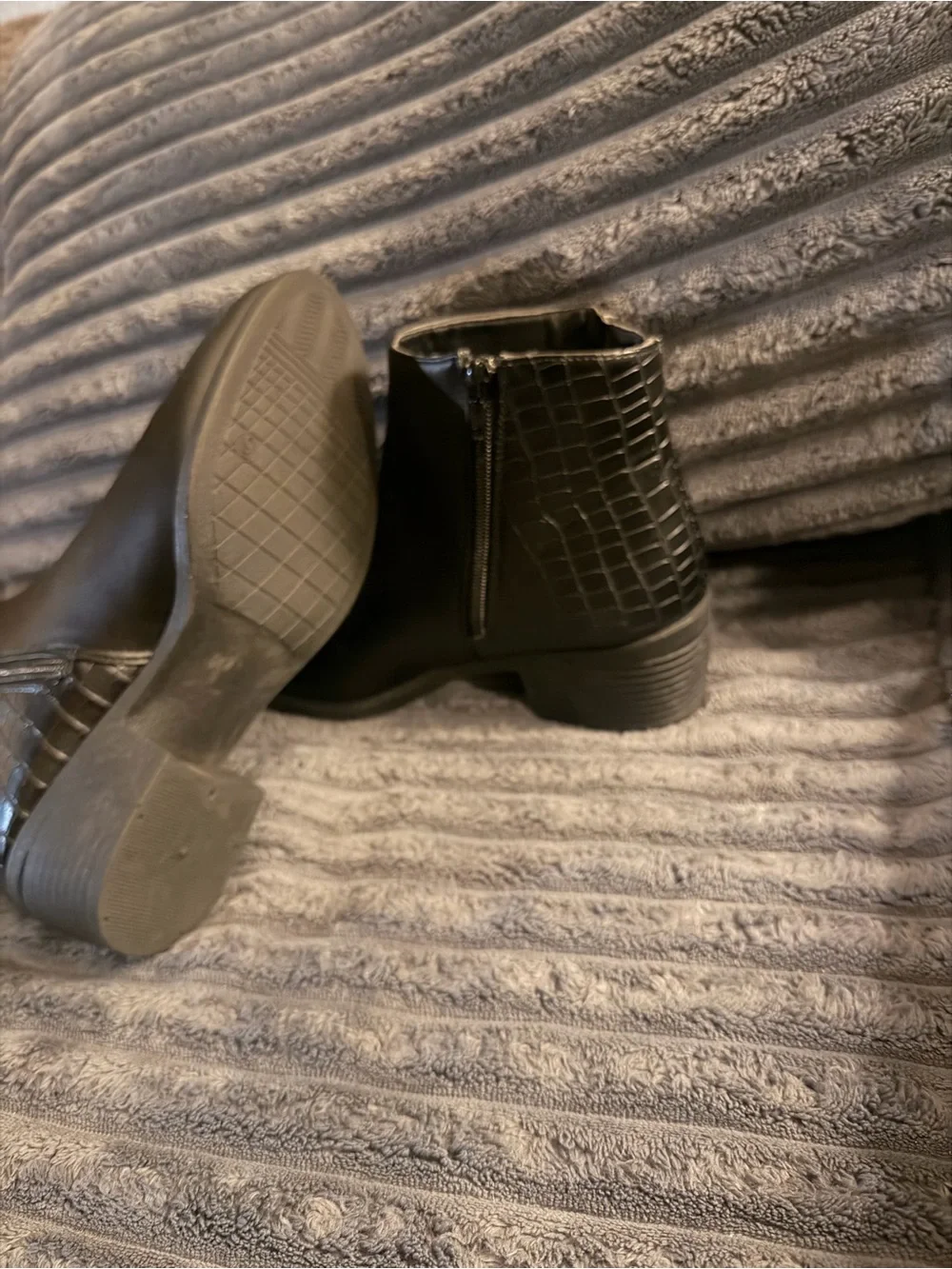 Black Croc-Embossed Mixed Texture Ankle Boots - Picture 4 of 6
